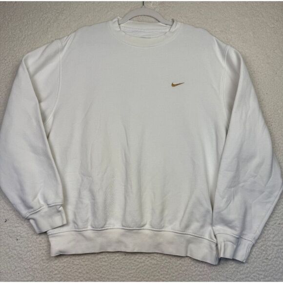 Vintage Y2K Nike Sweatshirt Cream Embroidered Gold Swoosh Crewneck‎ Silver Tag M - Picture 1 of 7